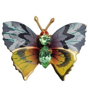 Green Crystal Butterfly Brooch Czech Vintage Insect Pin Nature Inspired Garden